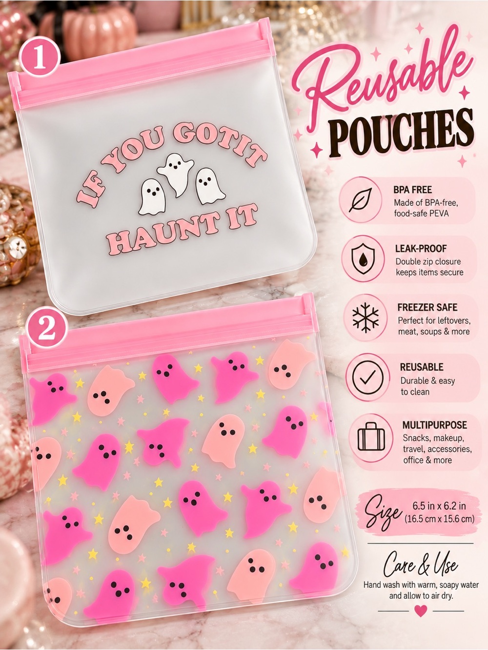 Reusable Pouches | Pink Ghost Multipurpose Storage Bag